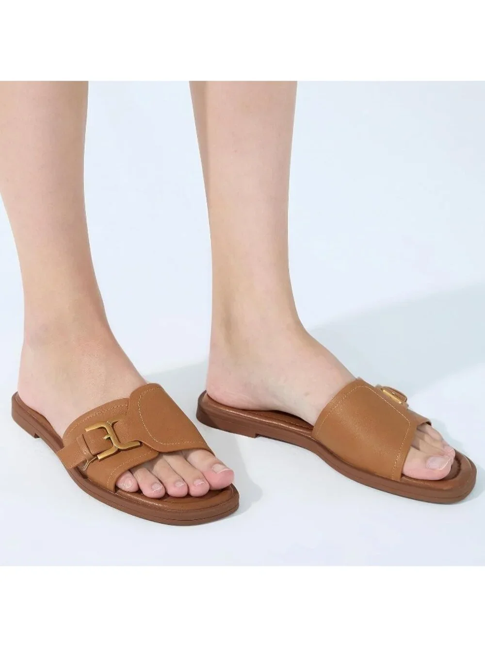 Women's Brown 1 Square Toe Flat Sandals Slides Dressy Comfortable for Beach